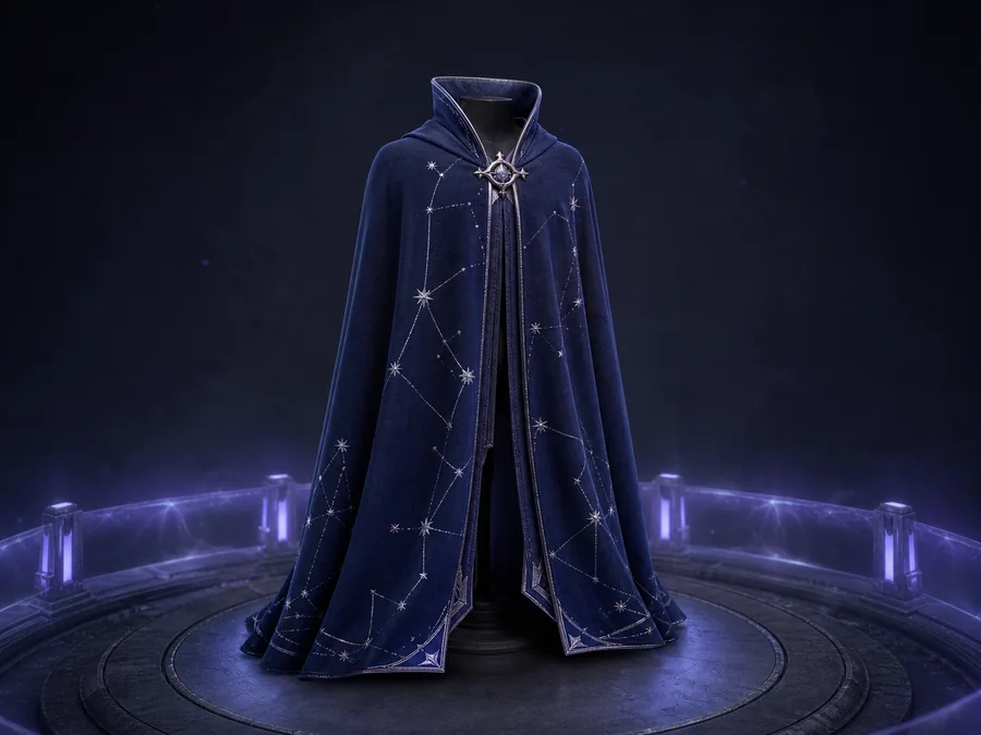 Fictional midnight-blue star cloak displayed as an account-bound game cosmetic