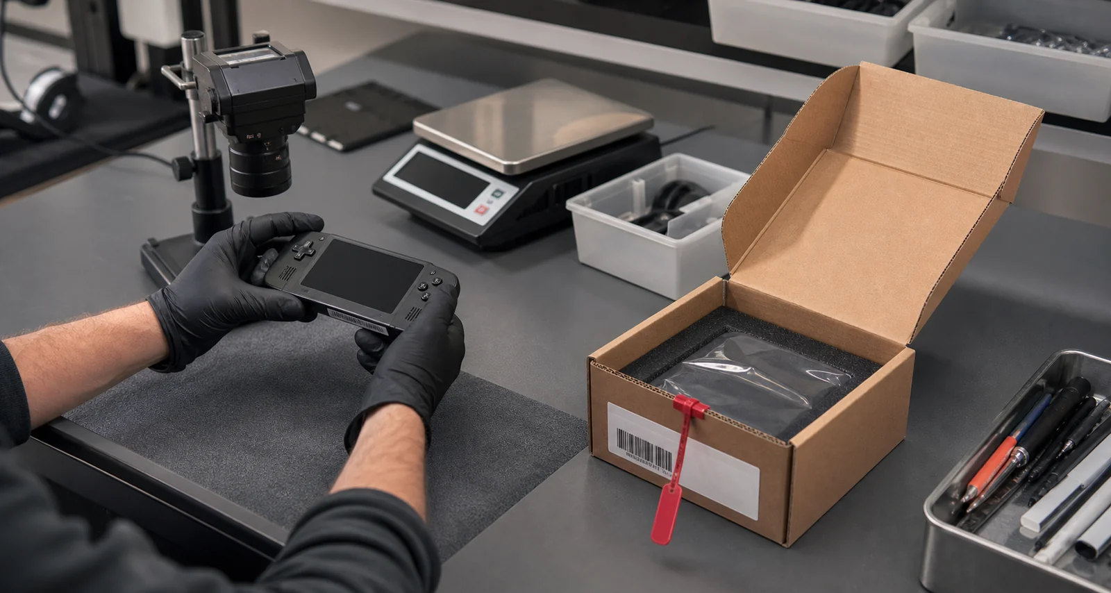An item being documented at a store service counter